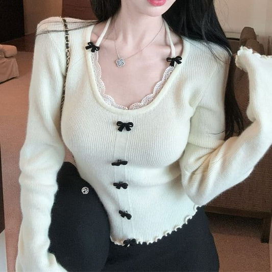 Scoop Neck Lace-Trim Bow Sweater with Lettuce Hem