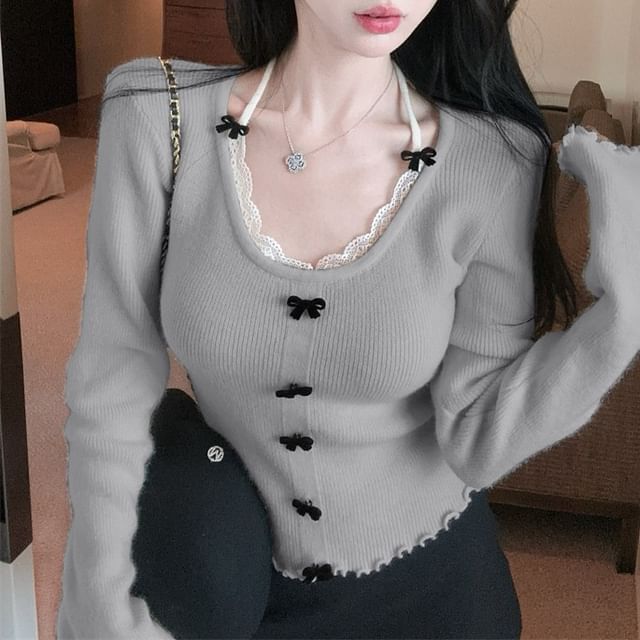 Scoop Neck Lace-Trim Bow Sweater with Lettuce Hem
