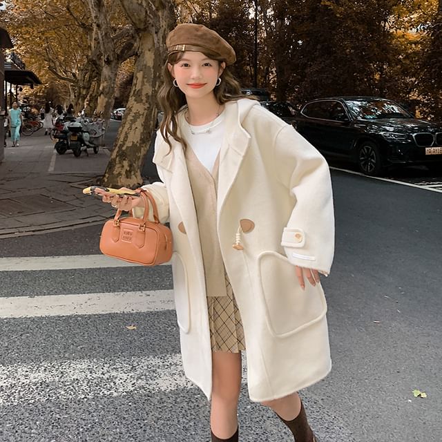 Hooded Toggle Plain Long Coat