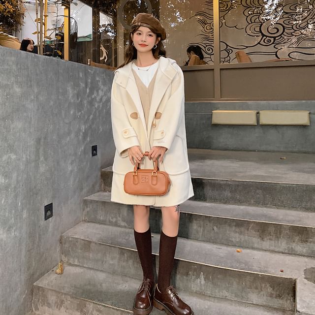 Hooded Toggle Plain Long Coat