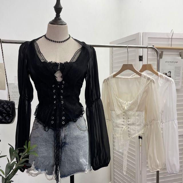 Scoop Neck Cutout Lace-Up Crop Blouse