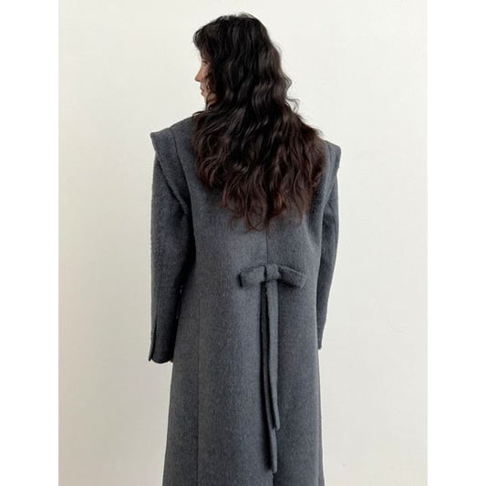 Bow Accent Loose-Fit Wool Long Coat