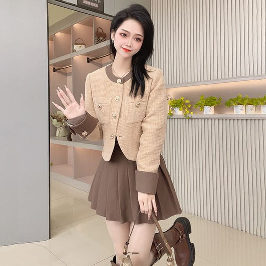 Round Neck Two Tone Tweed Button Jacket