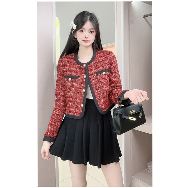 Round Neck Contrast Trim Tweed Button Jacket