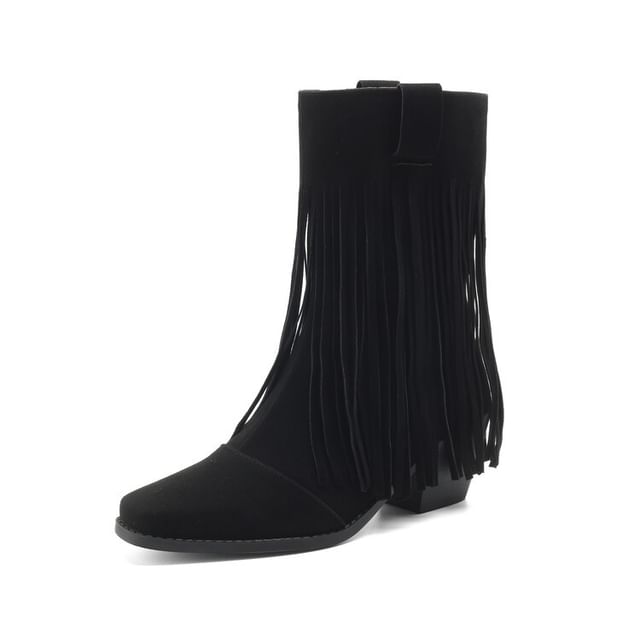 Toe Heel Square Calf Boots Suede Fringe Faux Mid Block