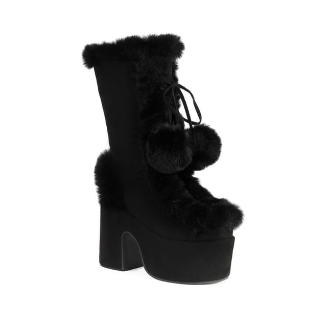 Boots Panel Heel Block Mid Pom Platform Calf Fluffy