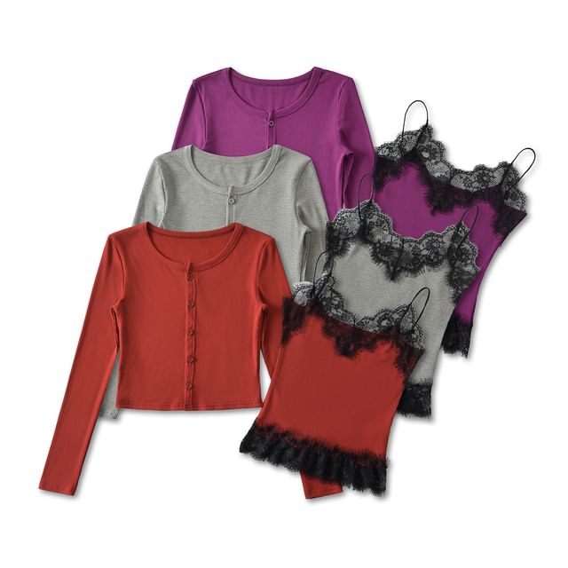 Lace-Trim Camisole & Crew Cardigan Co-ord Set