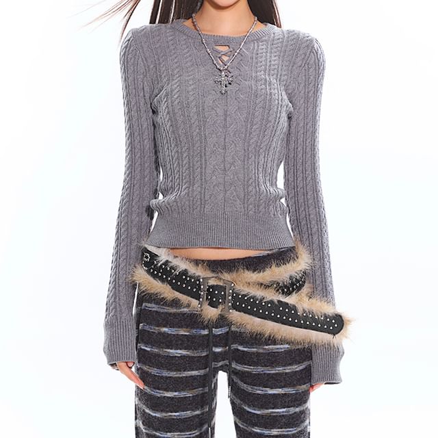 Crew Neck Lace-Up Cable Knit Crop Sweater