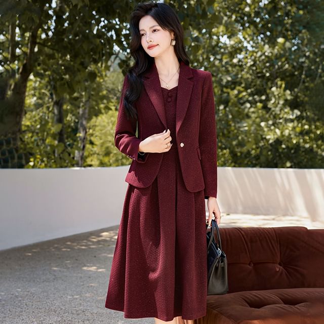 Set: Sleeveless Tweed Midi A-Line Dress + One Buttoned Blazer