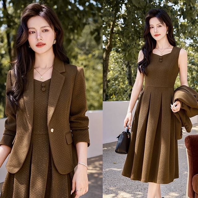 Set: Sleeveless Tweed Midi A-Line Dress + One Buttoned Blazer