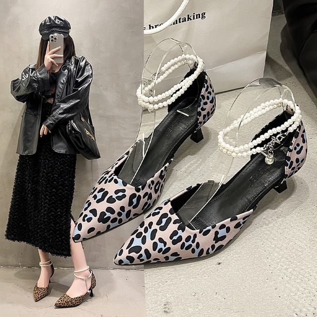 Pointed Leopard Heel Kitten Ankle Print Sandals Strap