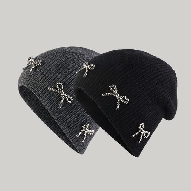 Bow Metallic Knit Beanie Studded