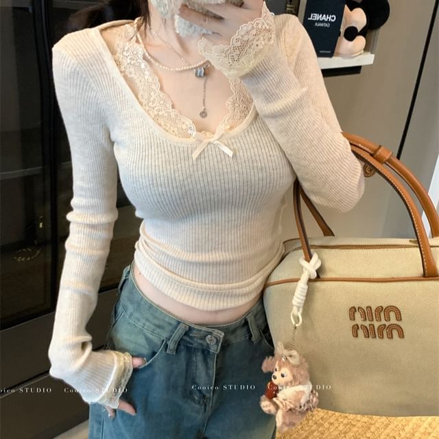 V-Neck Lace-Trim Long-Sleeve Blouse