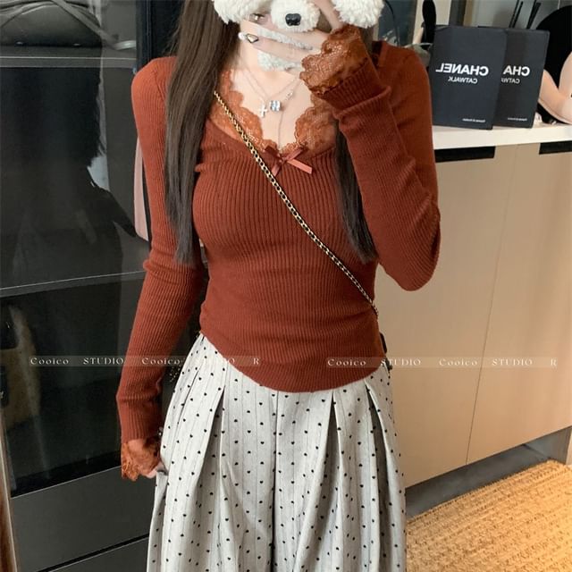 V-Neck Lace-Trim Long-Sleeve Blouse
