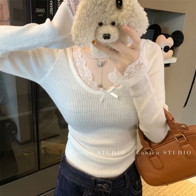 V-Neck Lace-Trim Long-Sleeve Blouse