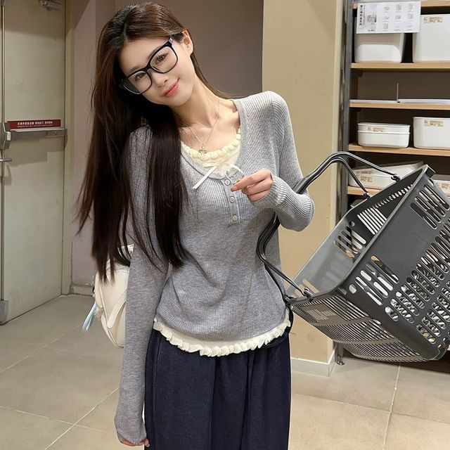 Mock Two-Piece Lace Knit Top