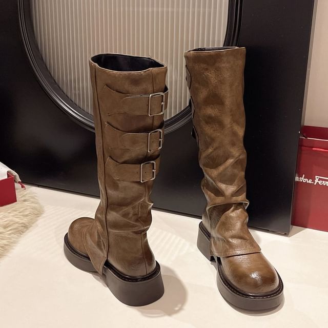 Platform Tall Leather Boots Faux