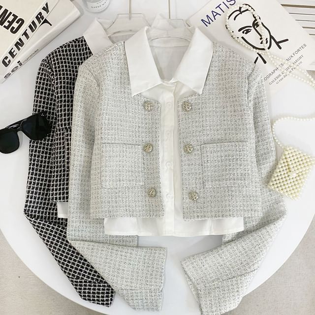 Set: Plaid Tweed Crop Button Jacket + Sleeveless Plain Shirt
