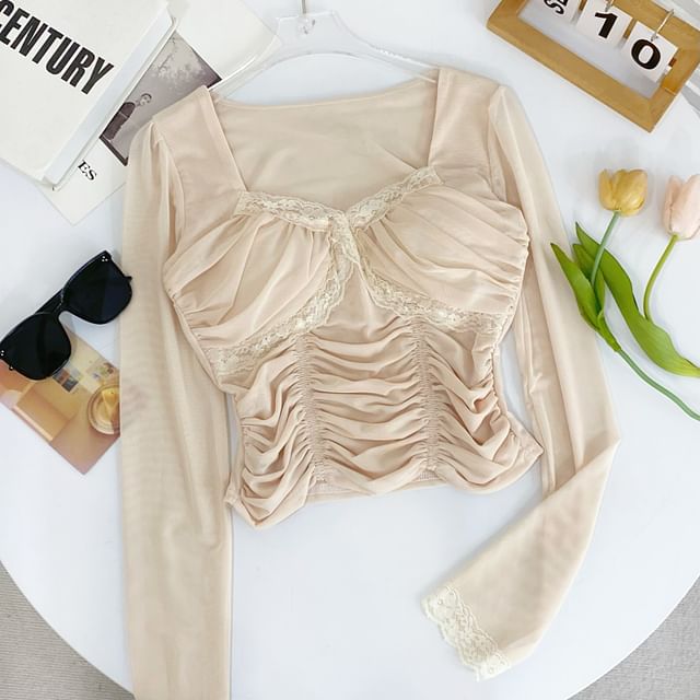 Mesh Crop Ruched Lace-Trim Slim Long-Sleeve Top