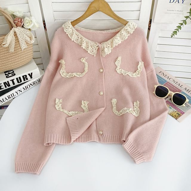 Faux Pearl Button Cardigan with Lace Collar