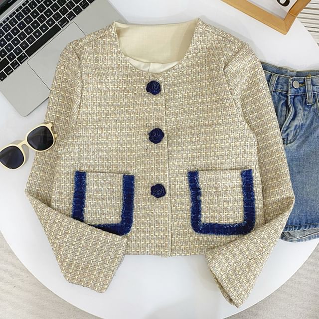 Round Neck Contrast Trim Tweed Rose Button Jacket