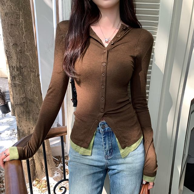 Two-Tone Mock Two-Piece Button Up Cardigan