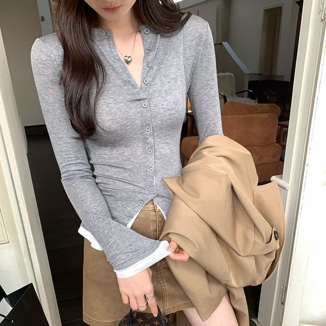 Two-Tone Mock Two-Piece Button Up Cardigan