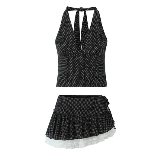 Halter Backless Crop Top & Asymmetrical Lace Mini Skirt