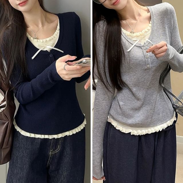 Mock Two-Piece Lace Knit Top