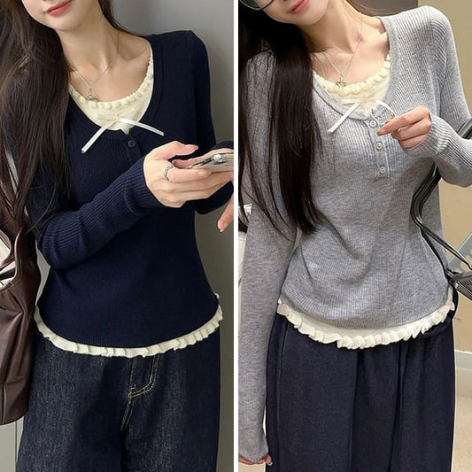 Mock Two-Piece Lace Knit Top