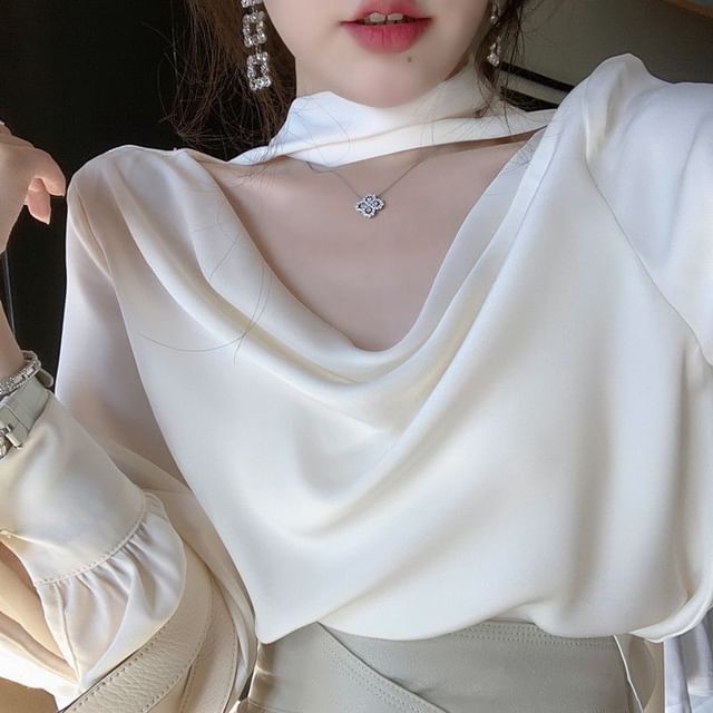 Long Sleeve Cowl Neck Plain Blouse / High Waist Plain Asymmetrical Mini A-Line Skirt / Set