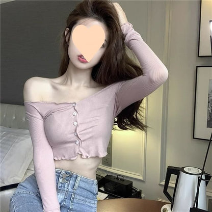 Long Sleeve Scoop Neck Plain Lettuce Edge Button Crop Top