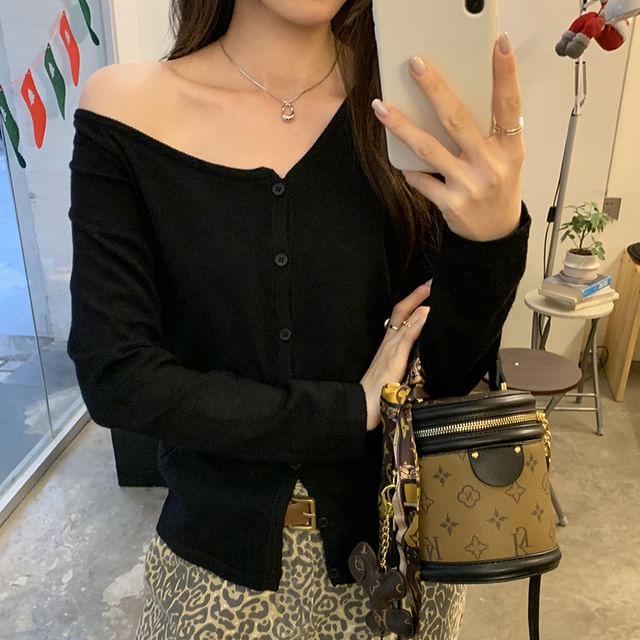 Asymmetric Off-Shoulder Button Up Cardigan