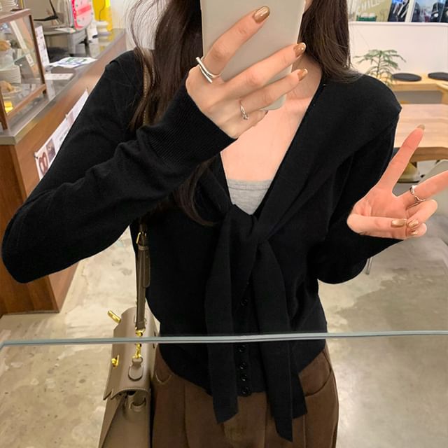 Plain V-Neck Mock Two-Piece Button Front Cardigan