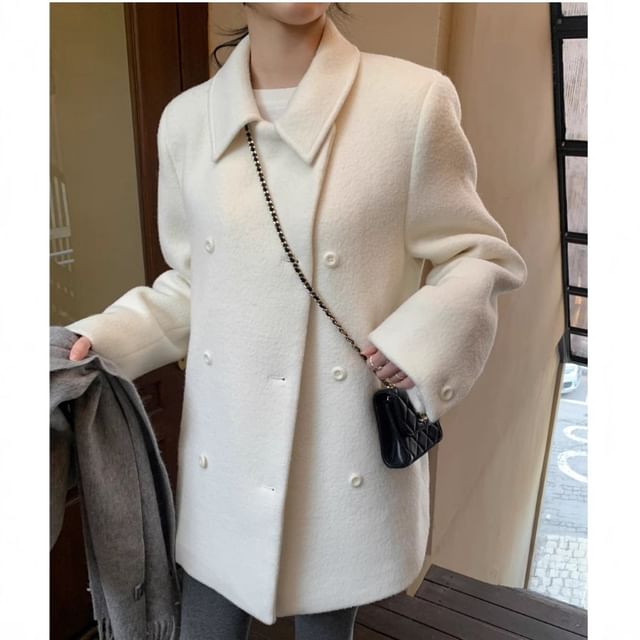 Lapel Collar Plain Double-Breasted Wool Coat