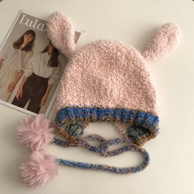 Hat Rabbit Knit Fluffy Panel Pom Ear