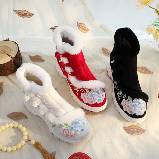 Floral Trim Lace-Up Short Boots Furry Embroidery