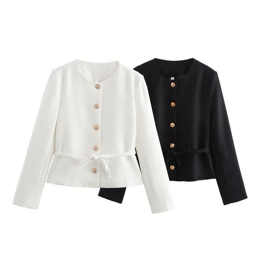 Round Neck Plain Tie-Waist Tweed Button Jacket