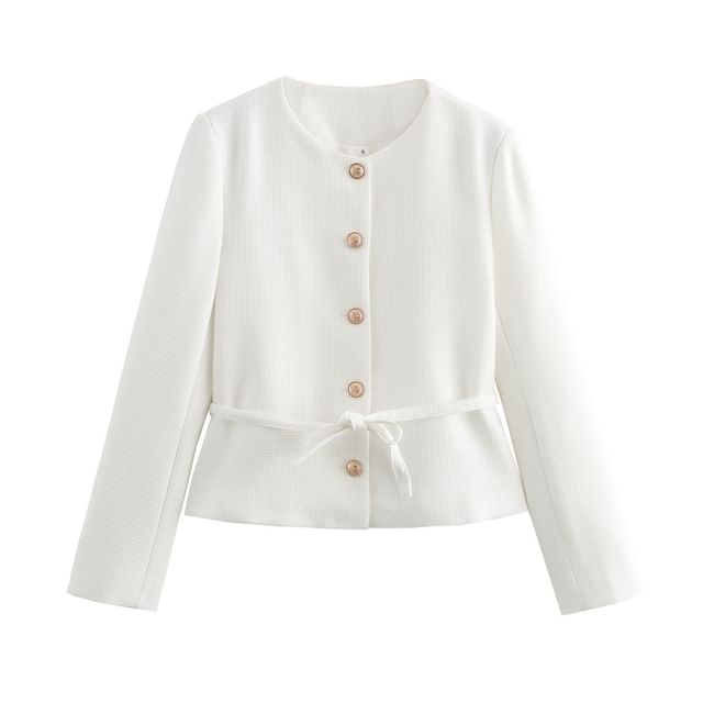 Round Neck Plain Tie-Waist Tweed Button Jacket