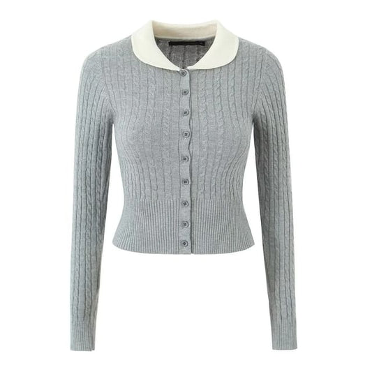 Slim-Fit Cable Knit Long Sleeve Collared Cardigan