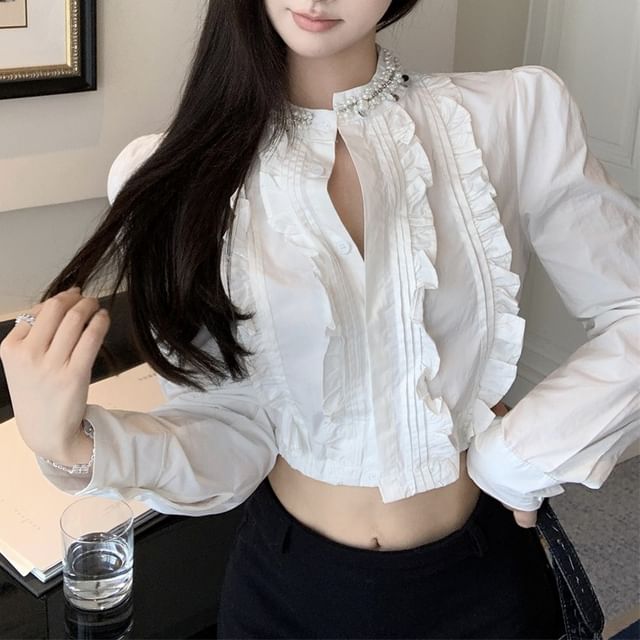 Ruffle Plain Long-Sleeve Crop Shirt