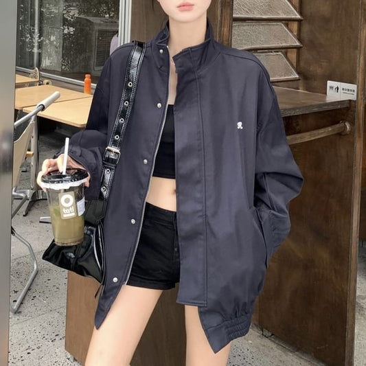 Embroidered Jacket Stand Zip Collar