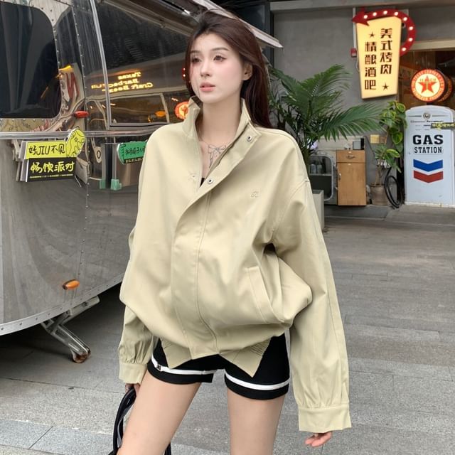 Embroidered Jacket Stand Zip Collar