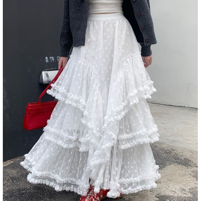 Floral Skirt High Rise Ruffle A-Line Maxi Asymmetrical