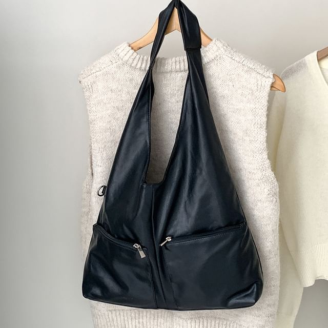 Leather Multi-Pocket Faux Tote Bag