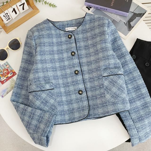 Plaid Tweed Button-Up Jacket