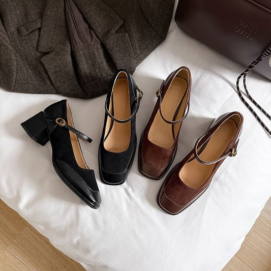 Toe Pumps Jane Square Chunky Mary Leather Panel Plain Faux Heel