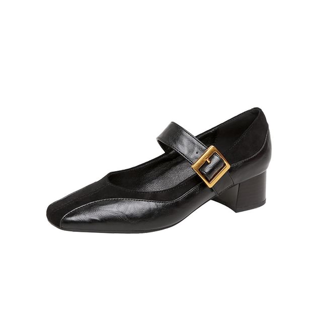 Heel Plain Jane Panel Leather Mary Buckled Chunky Pumps Faux