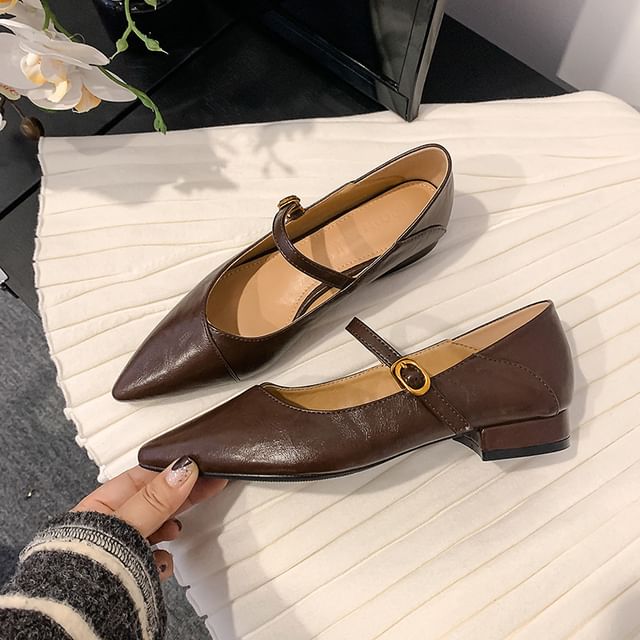 Plain Jane Faux Buckled Leather Mary Pointed Pumps Low Heel Toe