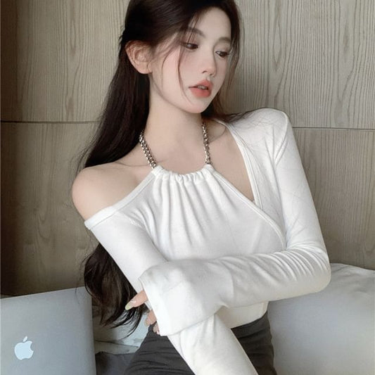 Long-Sleeve Halter Neck Off-Shoulder Plain Asymmetrical Slim Fit Tee